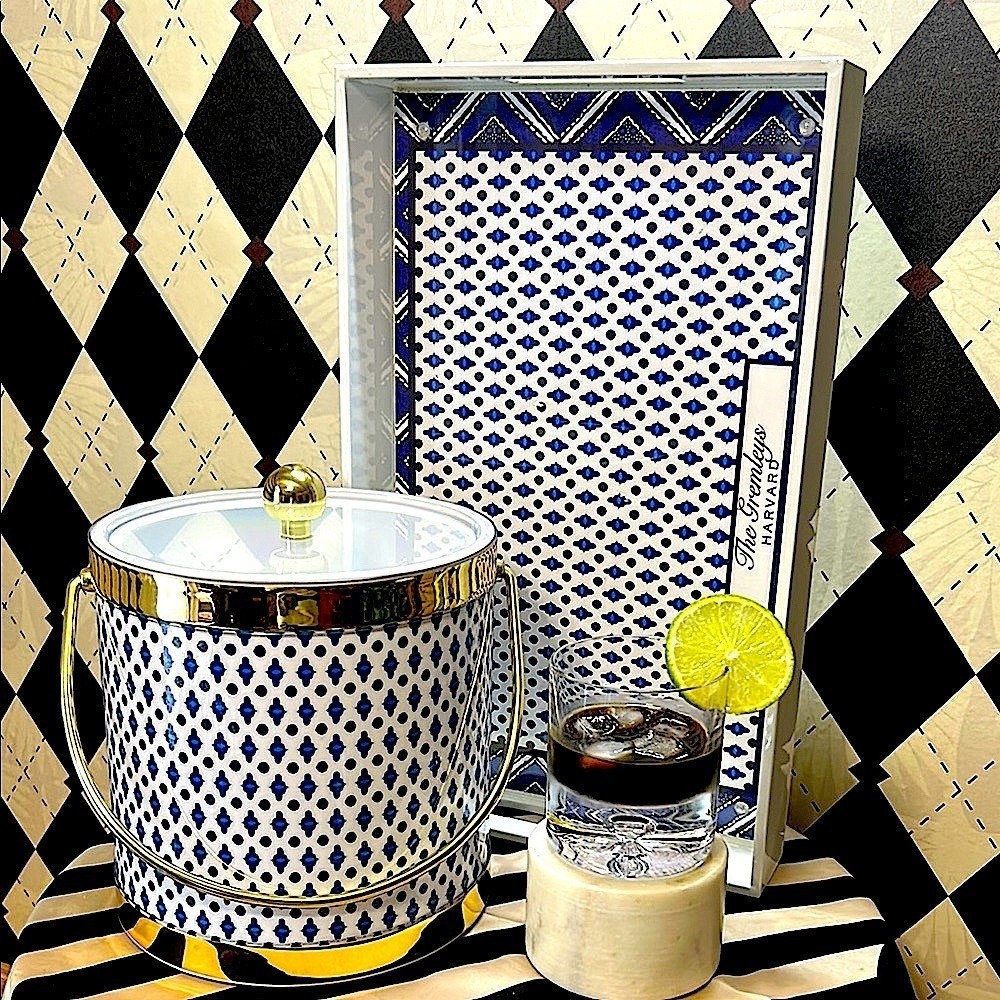 Blue & White Ice Bucket, Lid & Tray Set with Gold‎ Trim | Bar Cart Glam - Picture 7 of 14